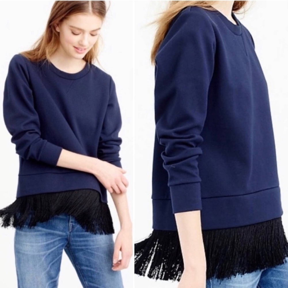 J Crew Navy Blue Sweatshirt Women’s Crew Neck With Fringes Details Size XS